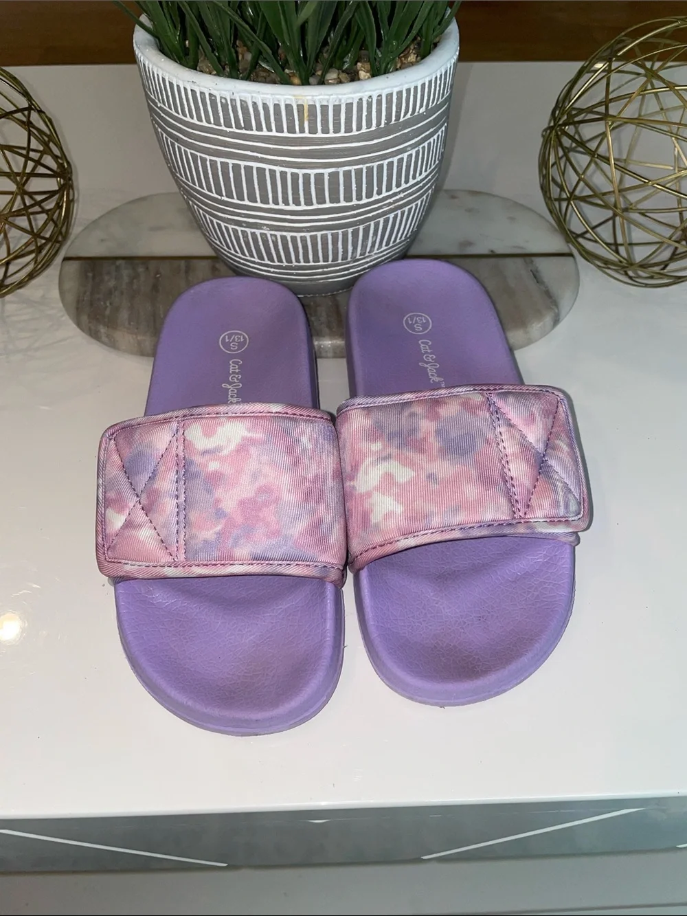 Cat & Jack Lavender Slide Sandals with Pink Camo Strap
